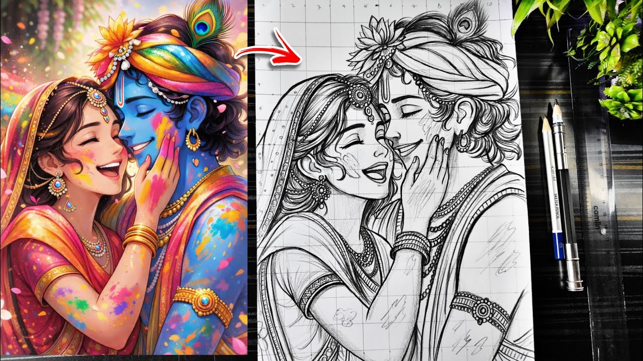 Radha Krishna Holi Drawing Outline, How To Draw Radhakrishna Playing Holi Animestyle, Step By Step