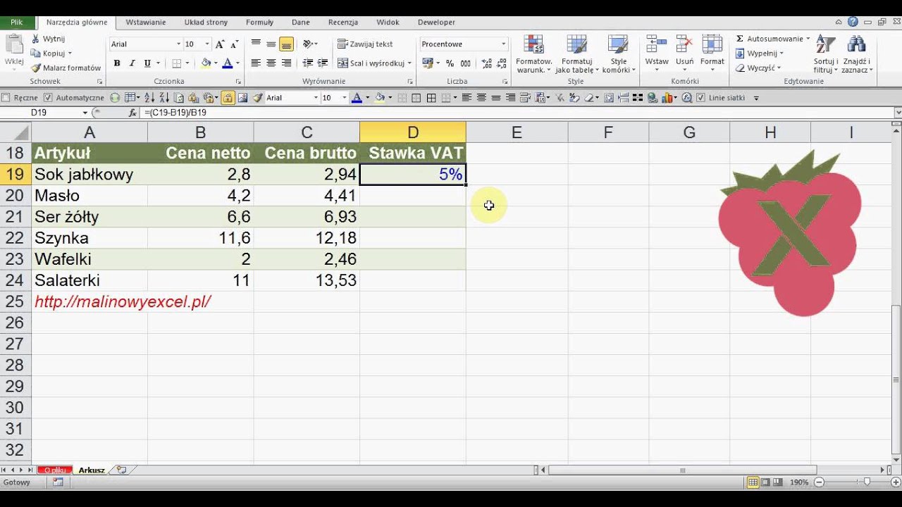 Excel: obliczanie stawki podatku VAT