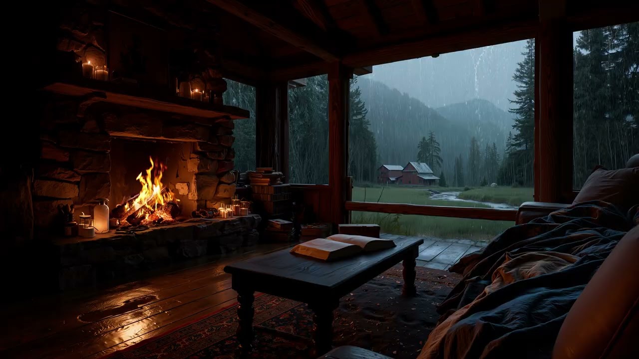 🌧️Cozy Night Fireplace Sounds Gentle Rainfall with Light Thunder