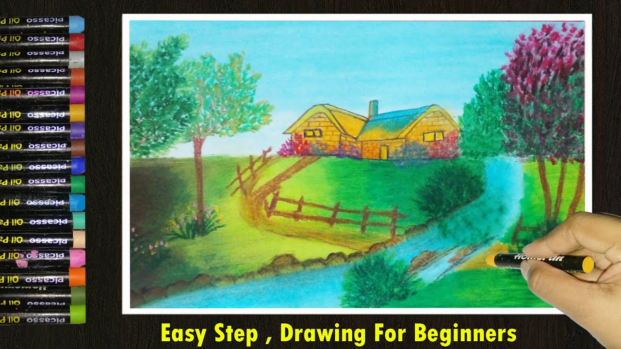 How To Draw Beautiful Village Scenery | Best Village Scenery Drawing  | Drawing For Beginners