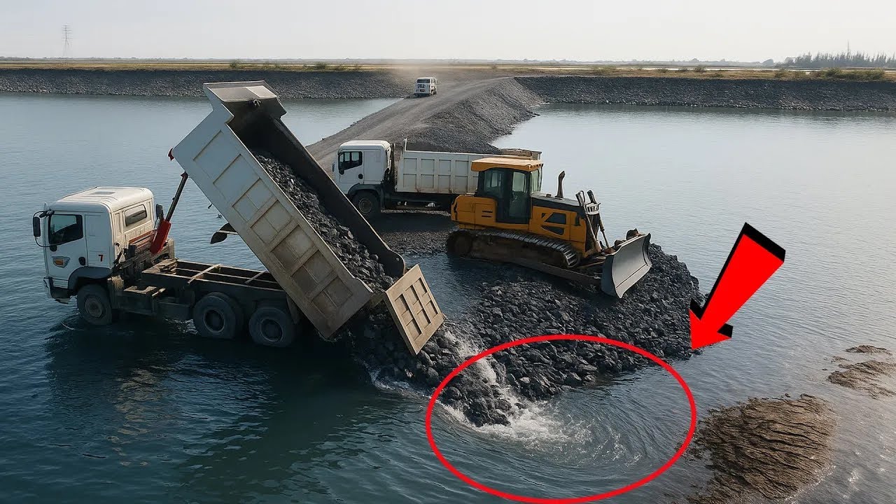 New Road Project! Dump Truck Spreading Stone, SHANTUI Dozer Pushing Rock In Lake