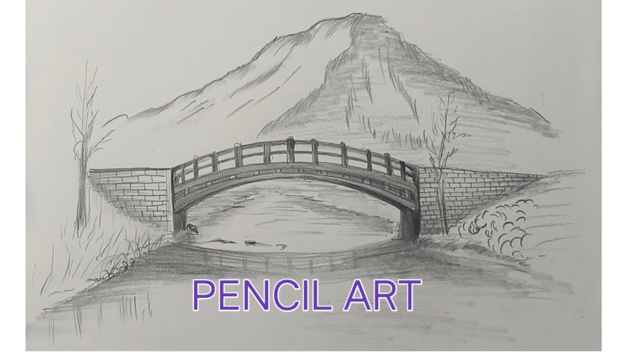 Beautiful Pencil Landscape Drawing ||  Bridge, River & Mountain Scenery Art, @ps7drawing 