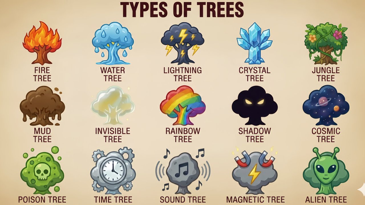 “15 Magical Fantasy Tree Types Poster – Fire, Water, Lightning, Crystal & Cosmic Trees Digital Art 