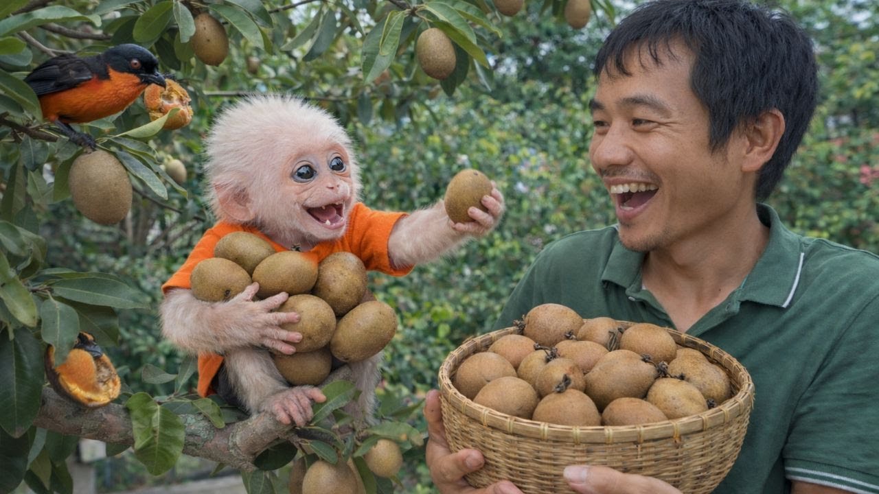 Маленькая обезьянка и папа с восторгом набирали корзинки, полные больших, круглых, сладких саподилл.