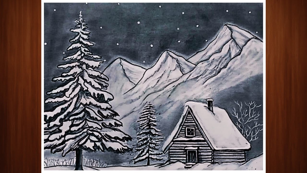 Beautiful Winter Season Drawing|Easy Scenery Drawing For Beginners|Winter Landscape Art Tutorial