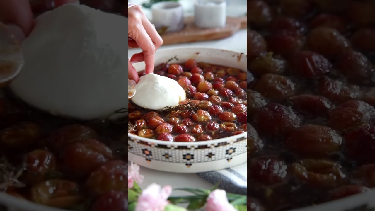 Elegant party appetizer - roasted grapes with hot honey burrata  