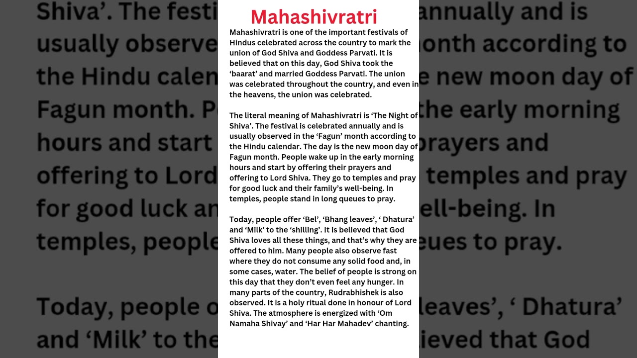 Essay on Mahashivratri|#grammar #education #mahashivratri | information of mahashivratri un English