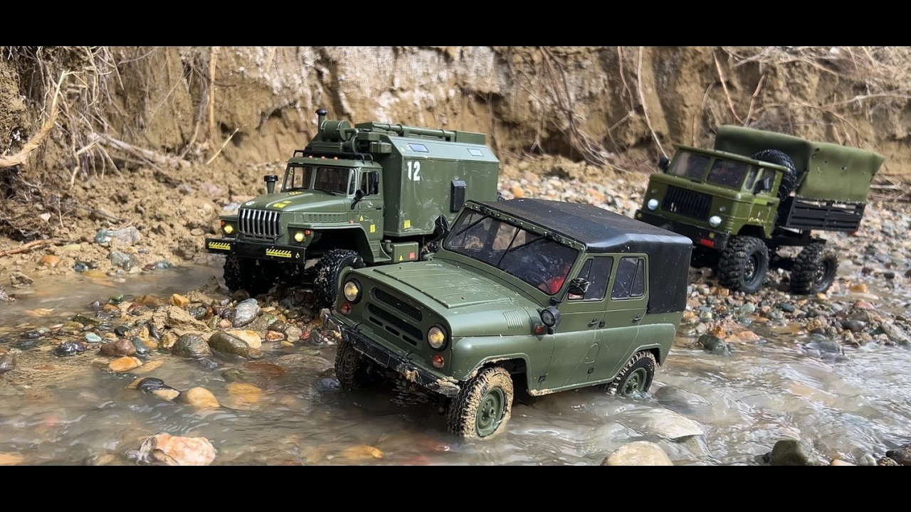 TRAIL RC CARS OFFROAD  TEST IN MUD AND CROSSING RIVER WPL B36 WPL C94  GAZ 66 HB 1/10 BRONCO