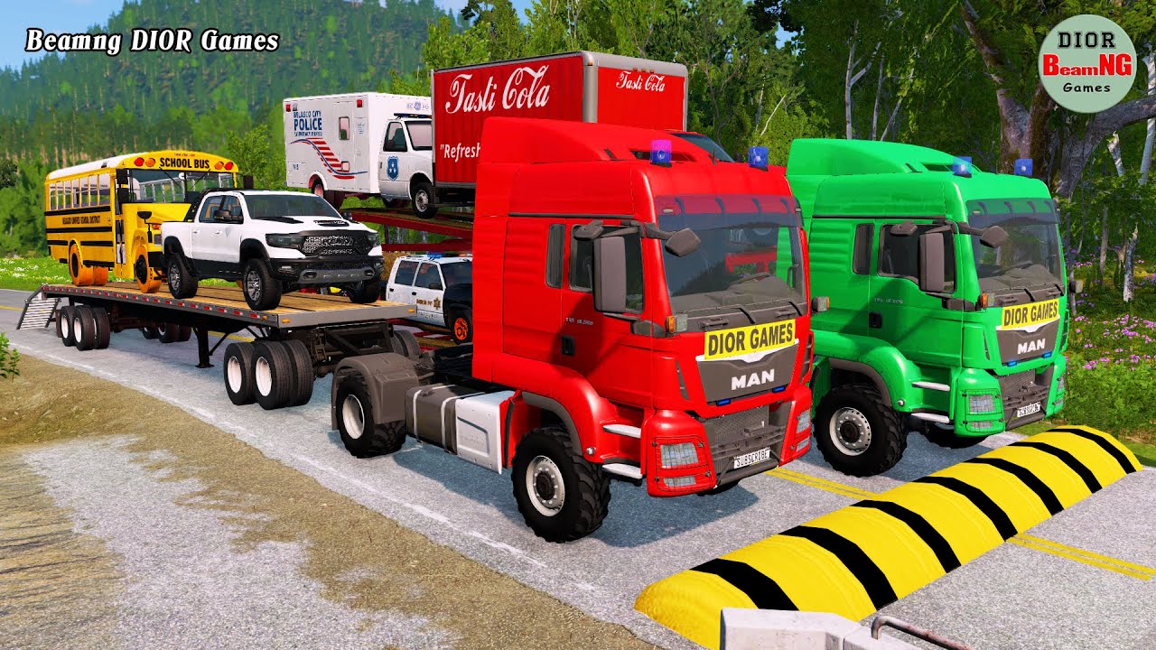 Double Flatbed Trailer Truck vs speed bumps|Busses vs speed bumps|Beamng Drive|390