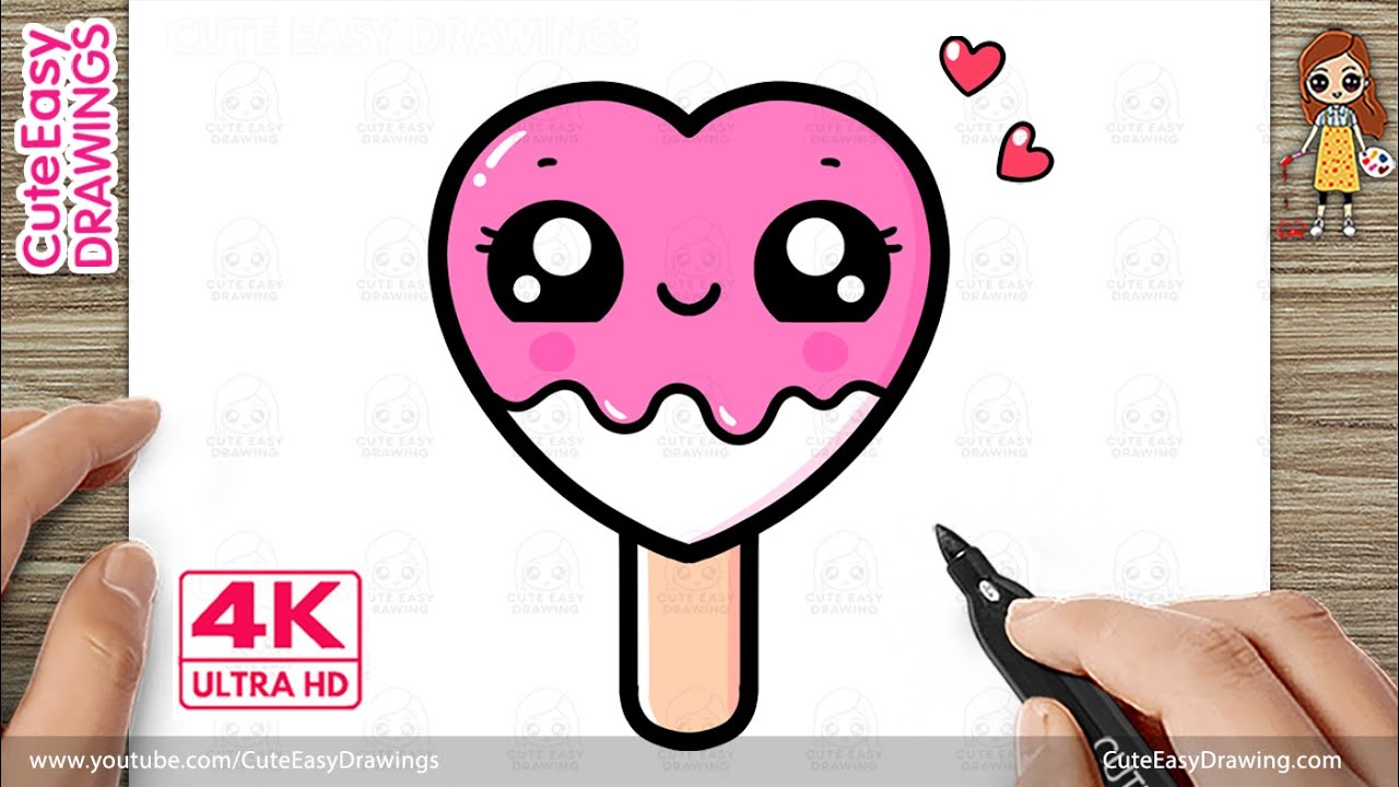 How to Draw a Cute Kawaii Love Heart Ice Cream, Easy Step by Step for Kids and Toddlers