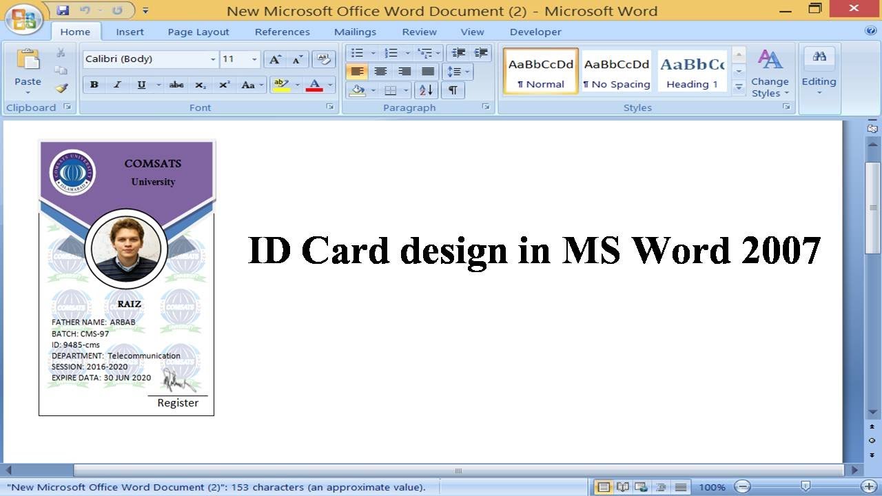 Student id card design in Microsoft word 2007 with barcode