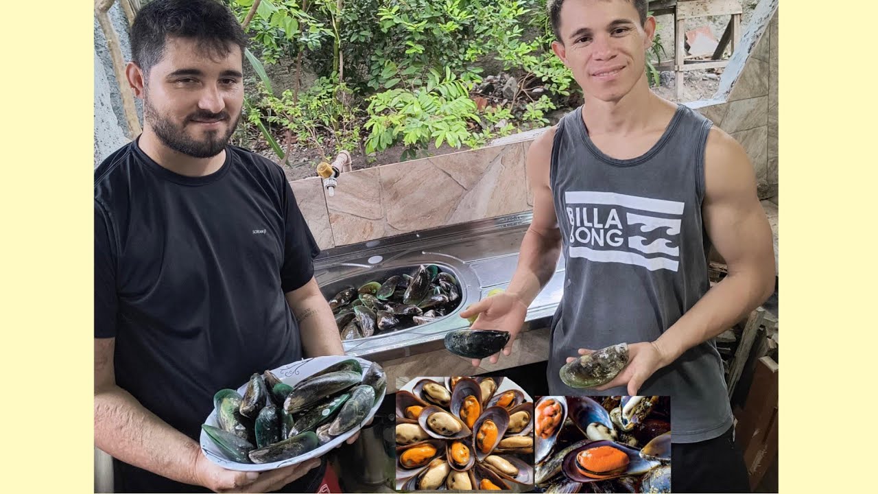 Assando mexilhão na churrasqueira 