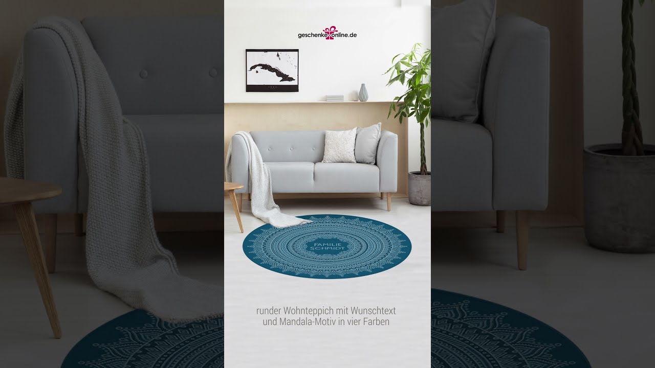 Wohnzimmer Ideen | Runder Teppich mit Mandala-Motiv und Wunschtext,  in vier Farben