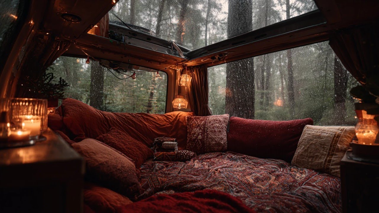 Cozy Forest Camper Van Ambience 🌧️ Heavy Rain on Glass Roof | Sleep & Relax