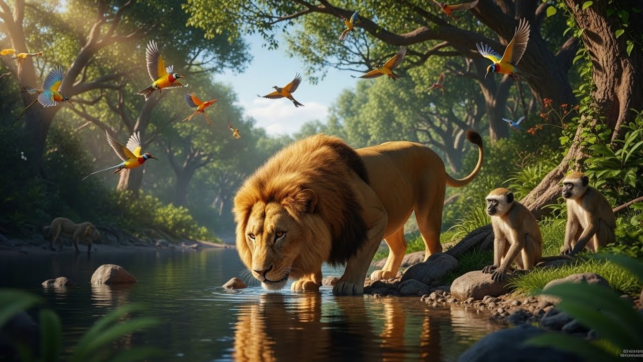 Wild Jungle Moment: Lion, Birds and Monkeys by the River