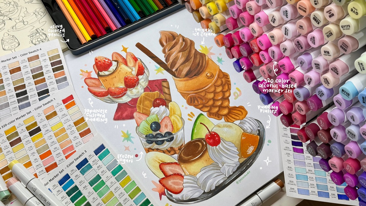 draw with me, sweet dessert illustrations🍮🍓🍨 a cozy vlog, using 320 color alcohol-based marker set📦