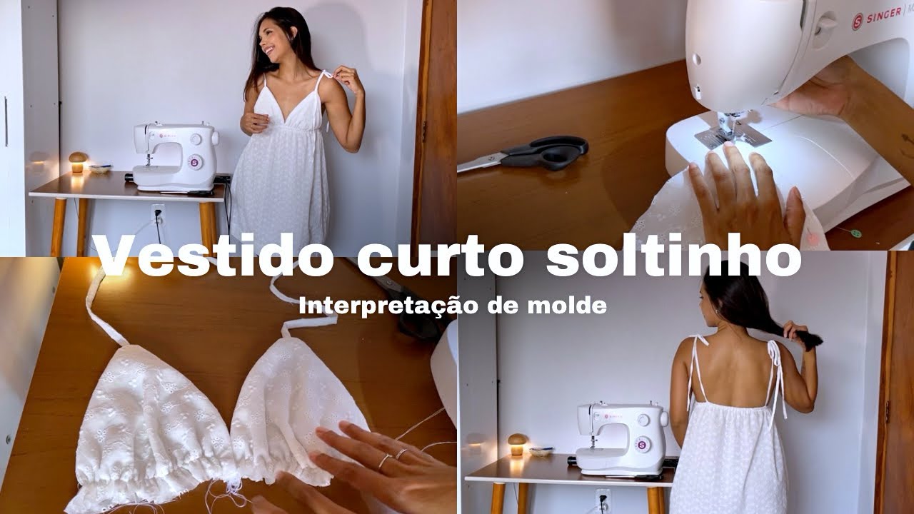 Vestido curto, com alças de amarrar em tecido plano e forro - molde de blusa Marlene Mukai 