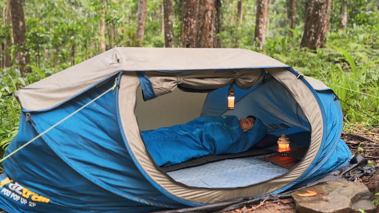 Long Heavy Rain in my Pop-up Tent || Camping in Long Heavy Rain in Mini Tent