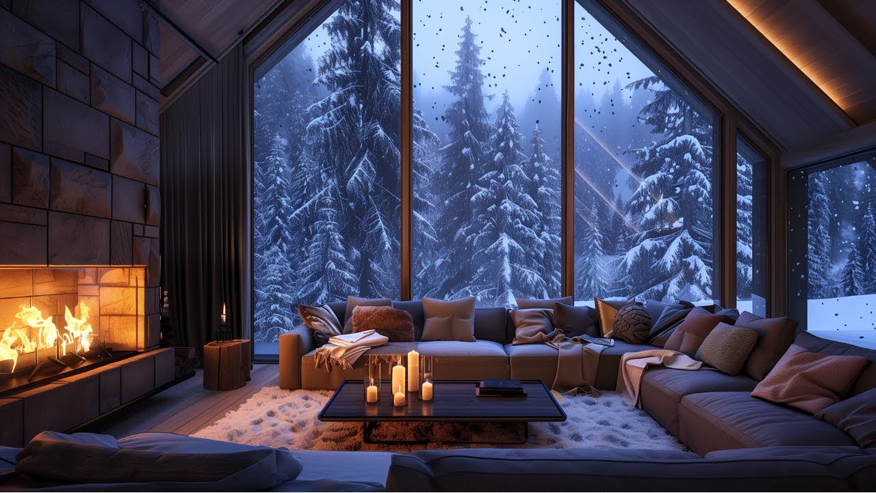 Cozy Winter Cabin with Fireplace Ambience ❄️ Snowfall, Fire Crackle, Jazz Piano to Relax, & Sleep