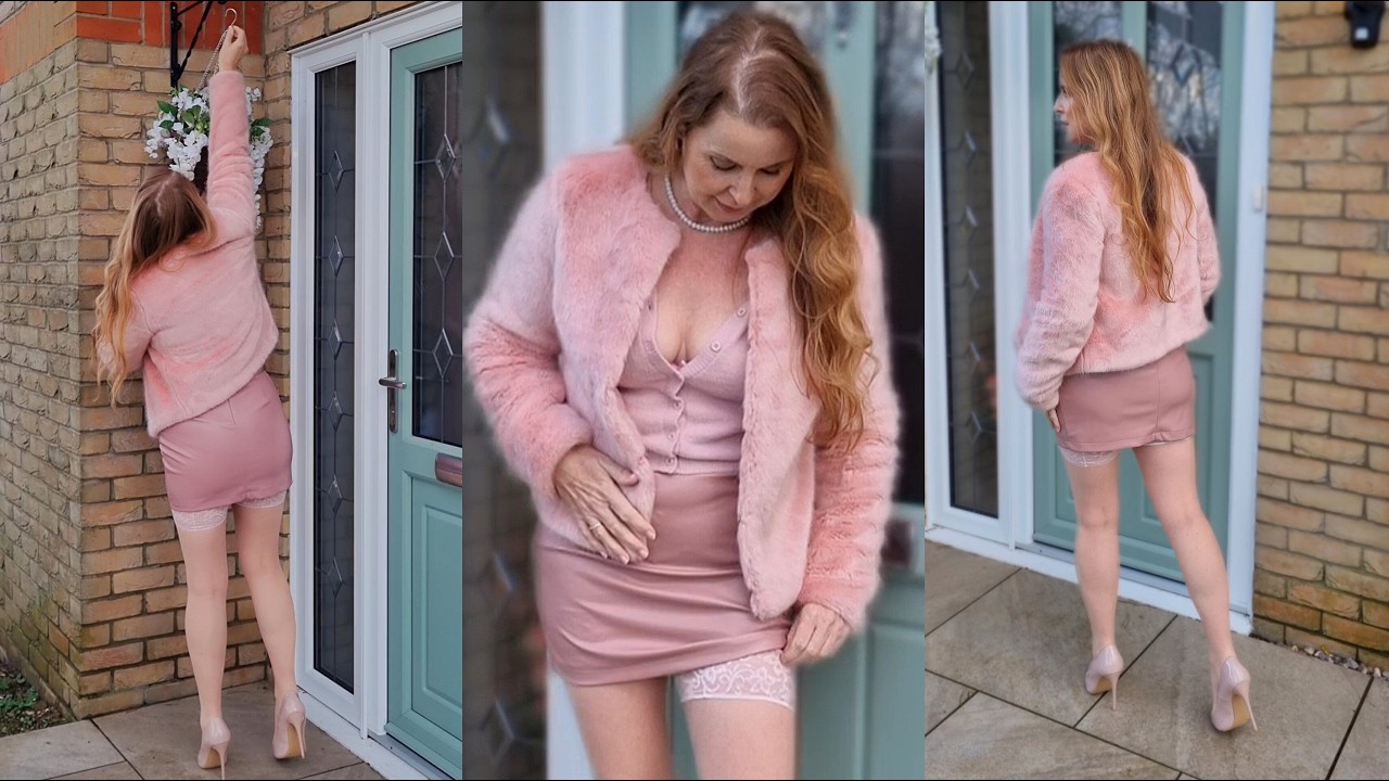 Fur coat , leather skirt and pink hold ups outfit try on review 💓