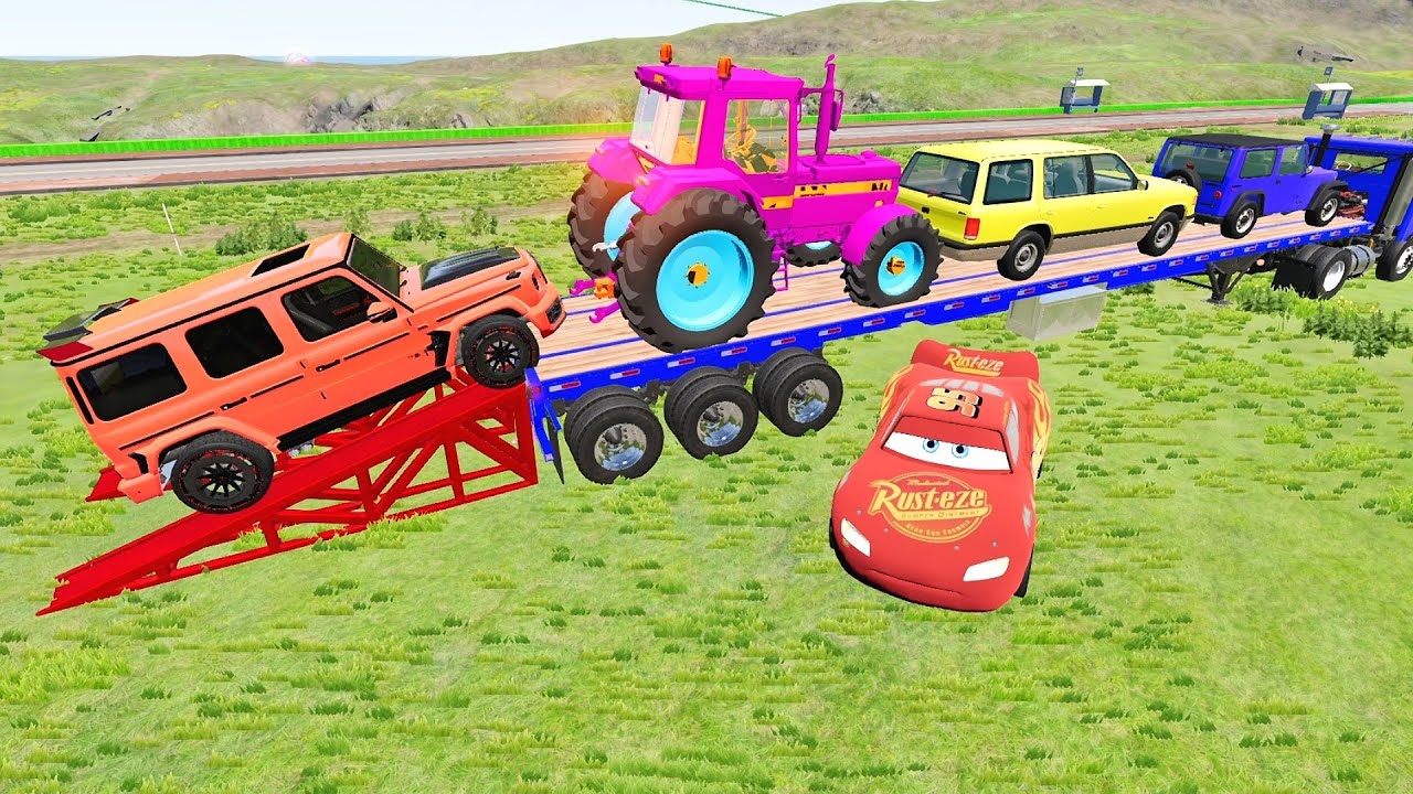 Flatbed Truck McQueen  Transportation with Truck   Pothole vs Car #21 BeamNG Drive Gameplay