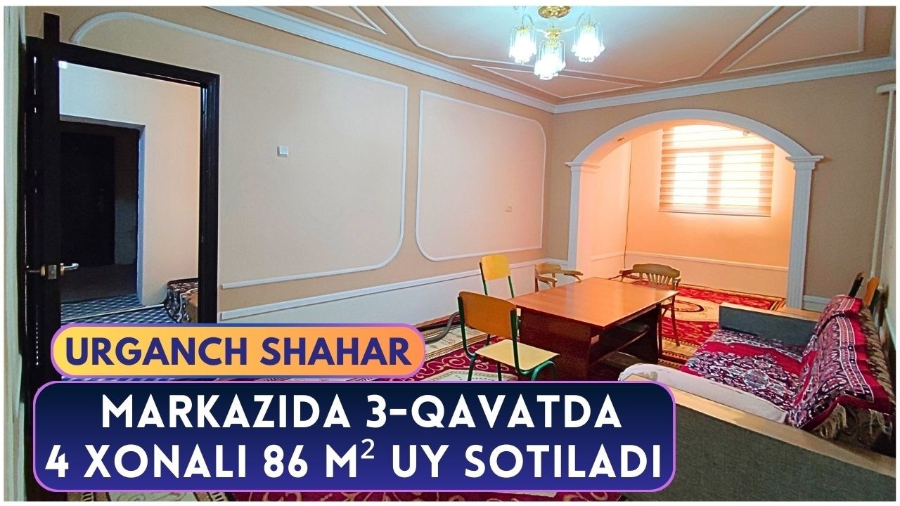 Urganchda 3 qavatda 4 xonali 86 m2 kvartira sotuvda