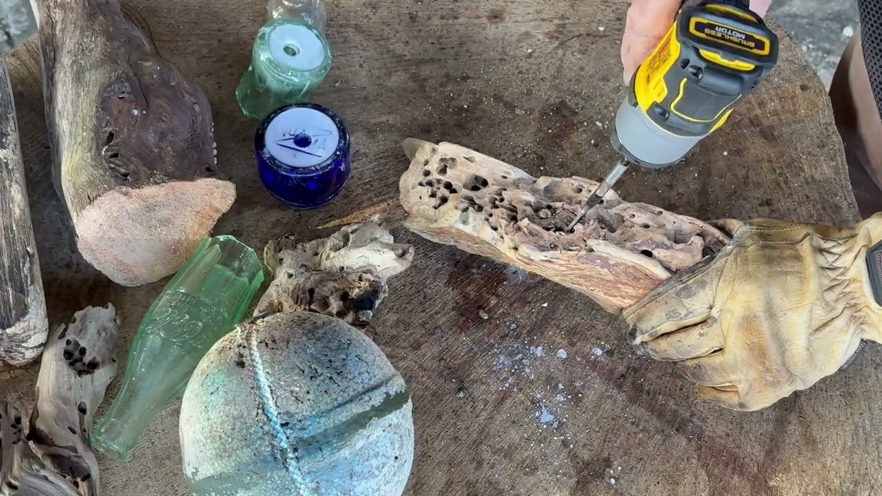 Simple Yard Art (Old Bottles, Driftwood, & Crab Trap Buoy)#outdoors #nature #art #decoration 