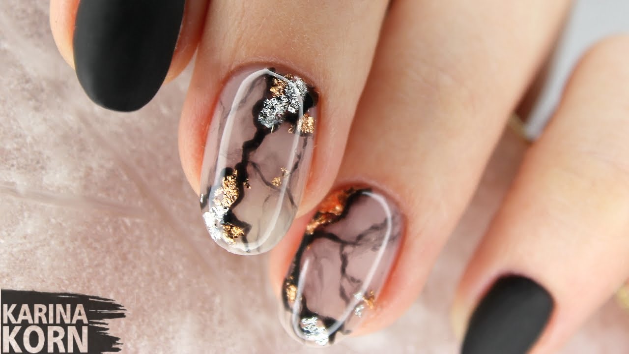 🖤Мраморный маникюр с фольгой / Эффект натурального камня / Marble nails tutorial / Мраморный дизайн
