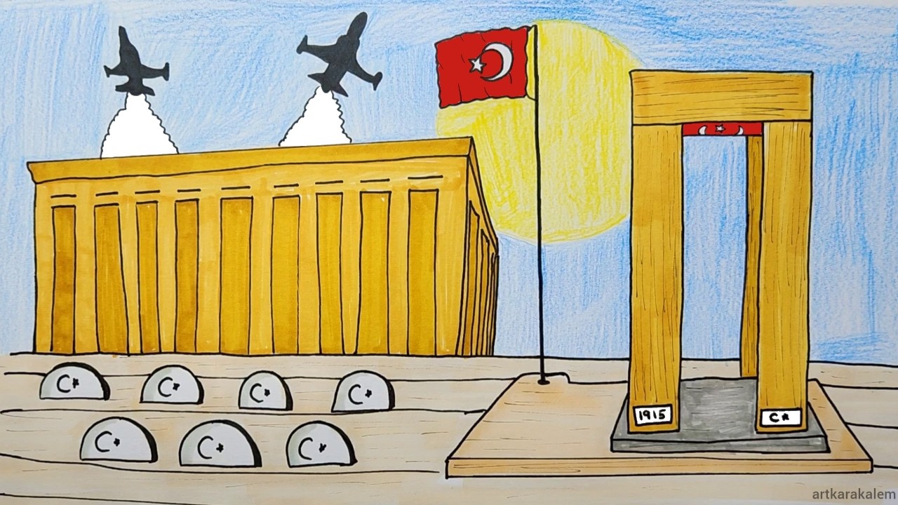 Çanakkale Zaferi İle ilgili Resim Çizimi | Anıtkabir, Şehitler Anıtı, Bayrak | 18 Mart Çizimleri