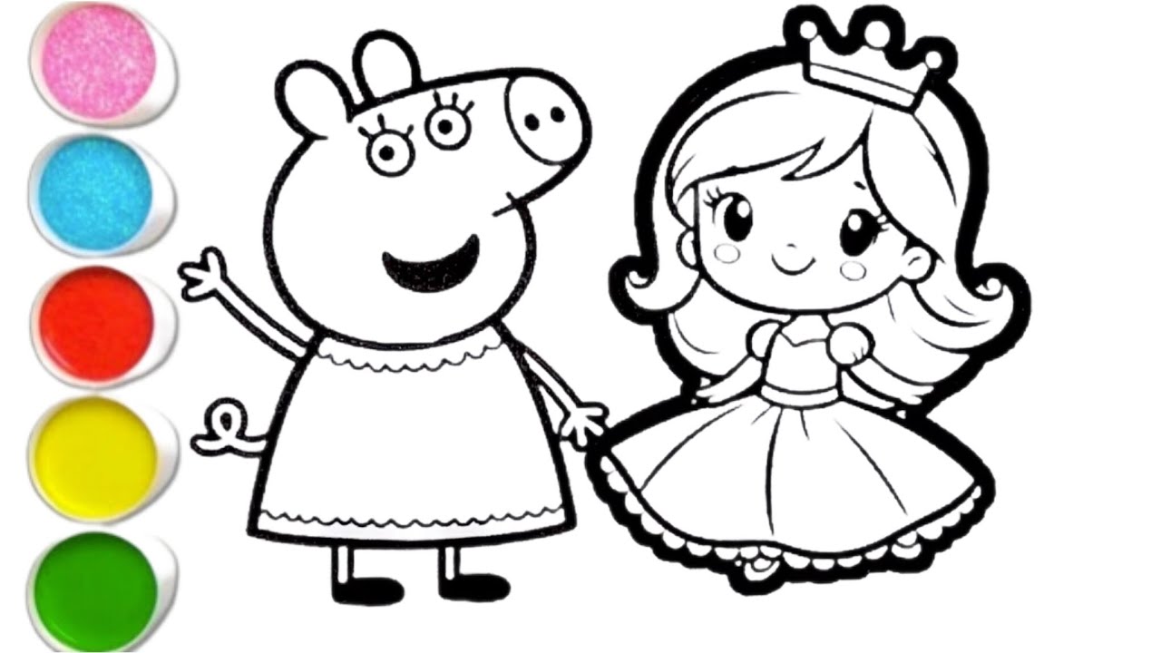 Peppa pig With Princess Drawing Painting & Colouring For kids & Toddlers ll Easy Kids Drawing 