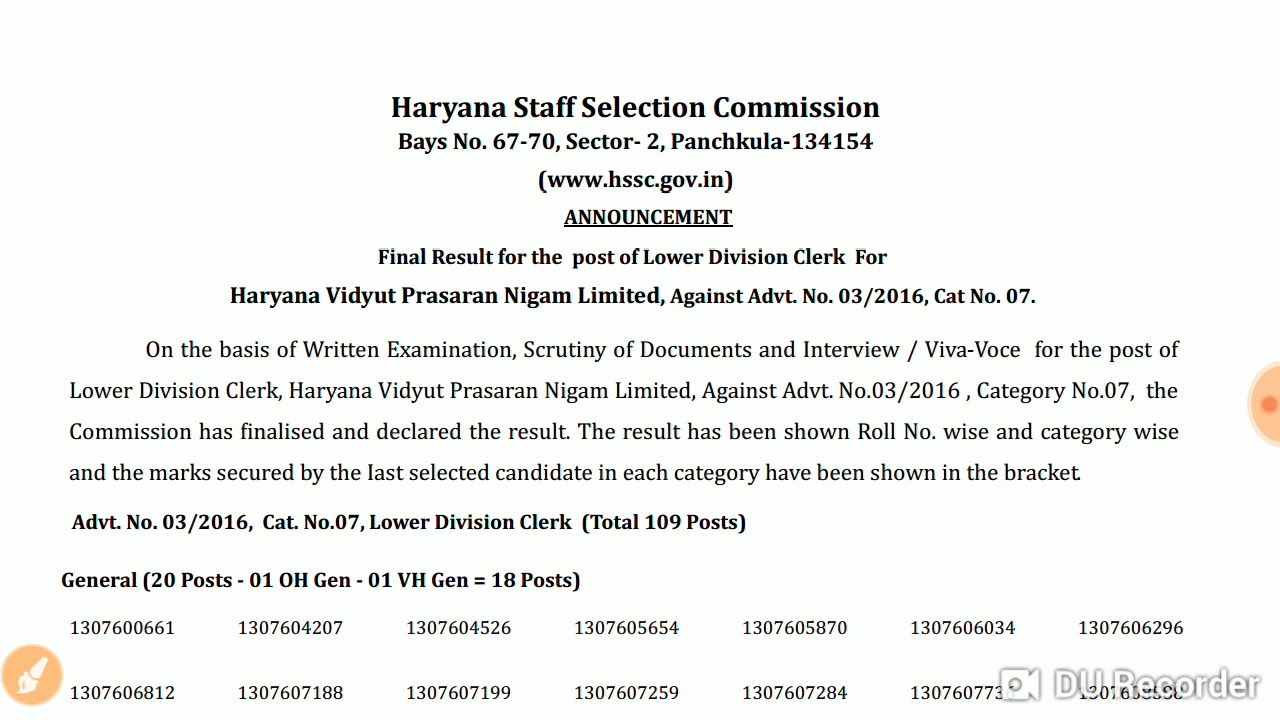 Hssc Announce Final Result For the Post- Lower Division Clerk