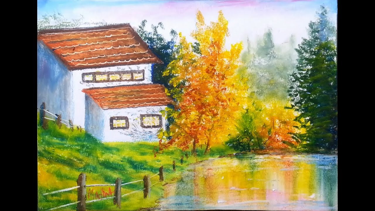 White Houses - Drawing Nature using oil pastel - How to use oil pastels - oil pastel lesson