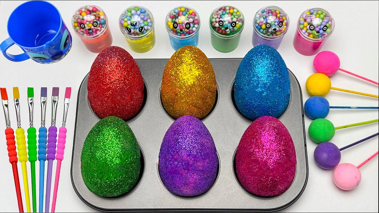 Fun Satisfying Video | Mixing All Lollipops & Rainbow Eggs from Glitter Slime | Cutting ASMR