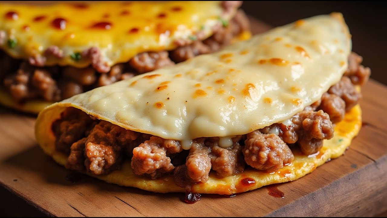 Die perfekte hausgemachte Tortilla mit Fleisch und Käse. Einfaches Frühstück in 5 Minuten!