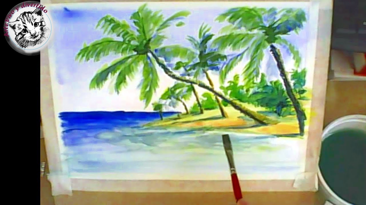 Acuarela paso a paso: Tecnica Acuarela seco sobre seco: Como Pintar con Acuarela una Playa Tropical.