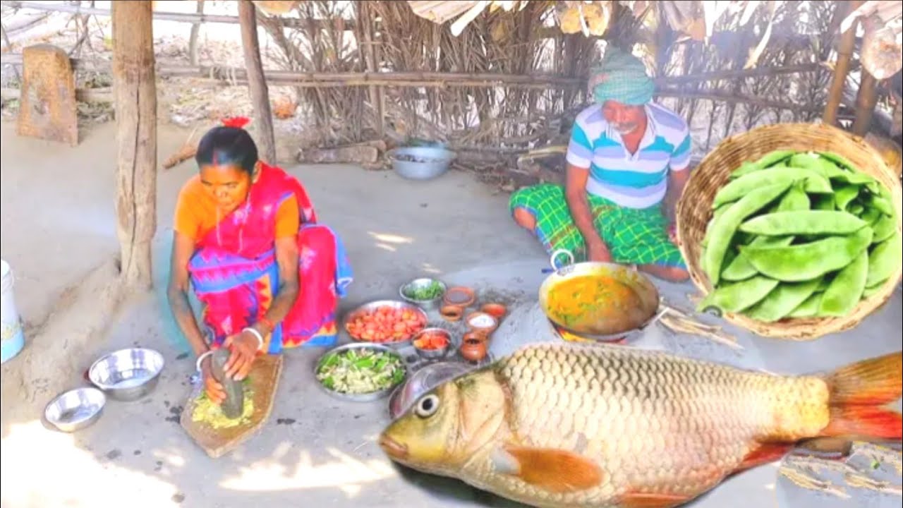 AMERICAN ROHU FISH CURRY with VEGETABLES and carrot fry cooking & eating by Santali couple