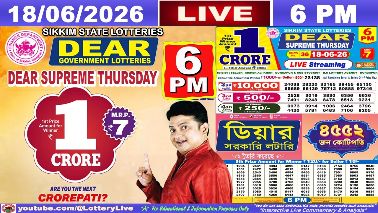 [LIVE] Lottery 6:00 PM Dear Sikkim state lottery live draw result 18.06.2026 | Lottery live