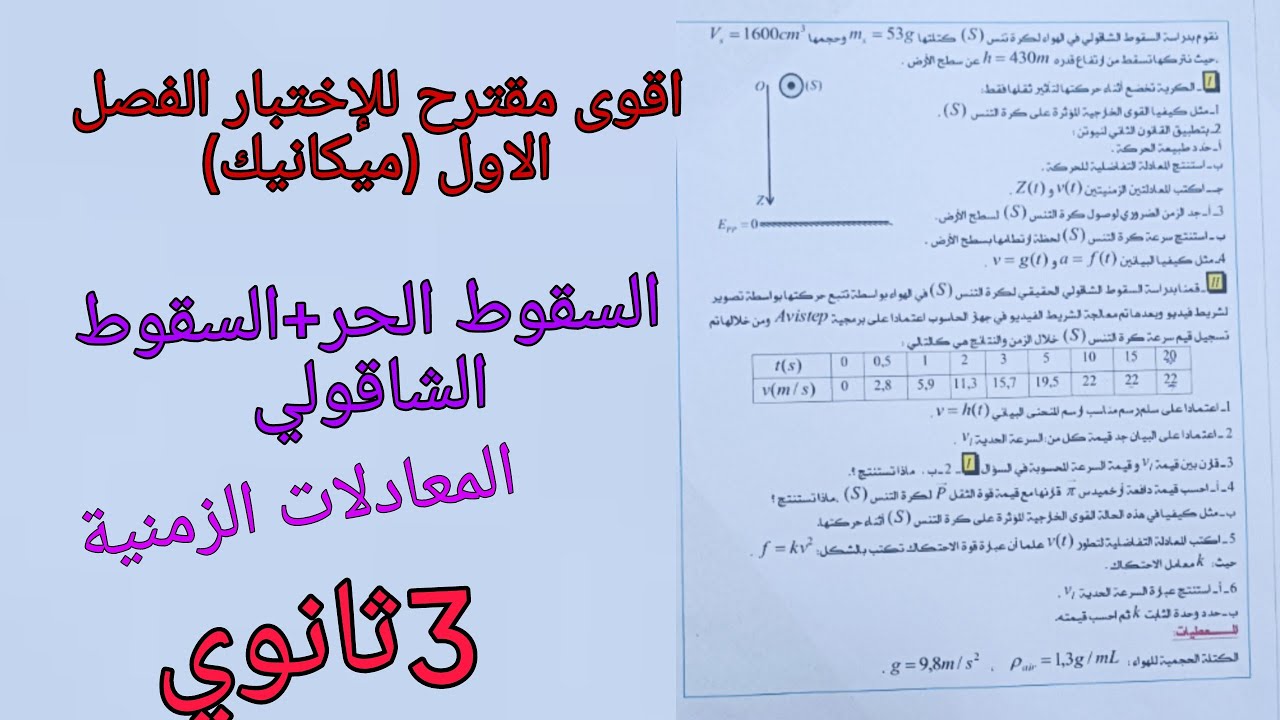 اقوى مقترح للإختبار الفصل الاول (السقوط الشاقولي+السقوط الحر )ثالثة ثانوي حل بكالوريا 2023