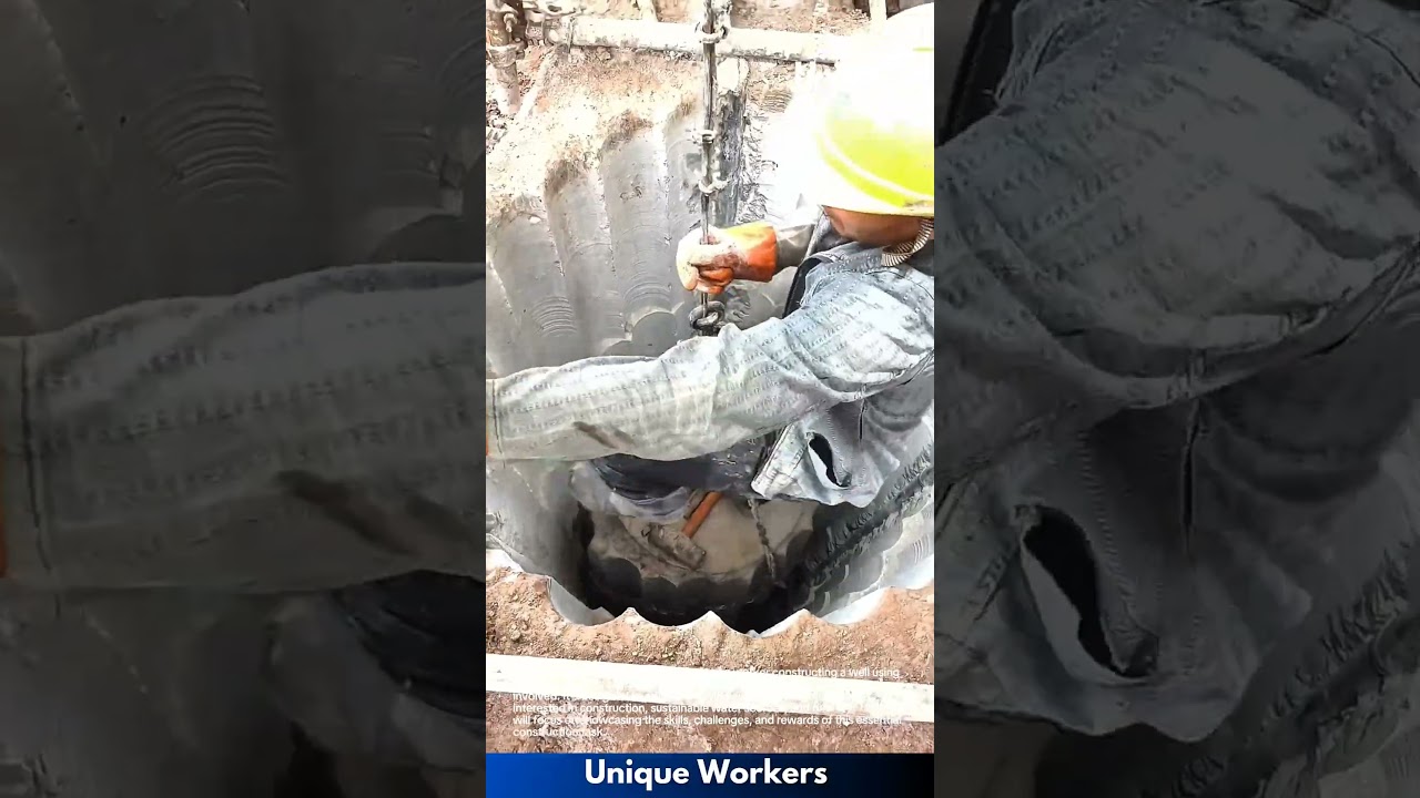 Well construction: worker building a concrete ring well