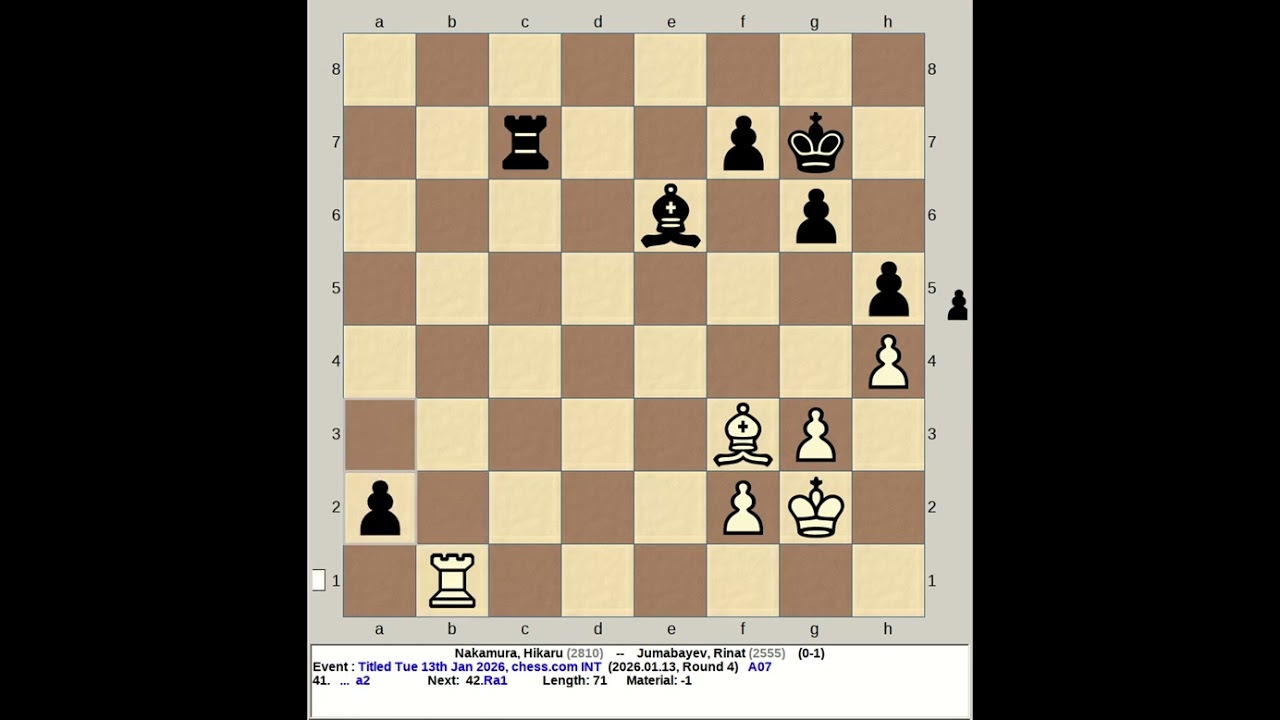 Nakamura, Hikaru vs Jumabayev, Rinat | Titled Tuesday 13th January 2026, chess com INT