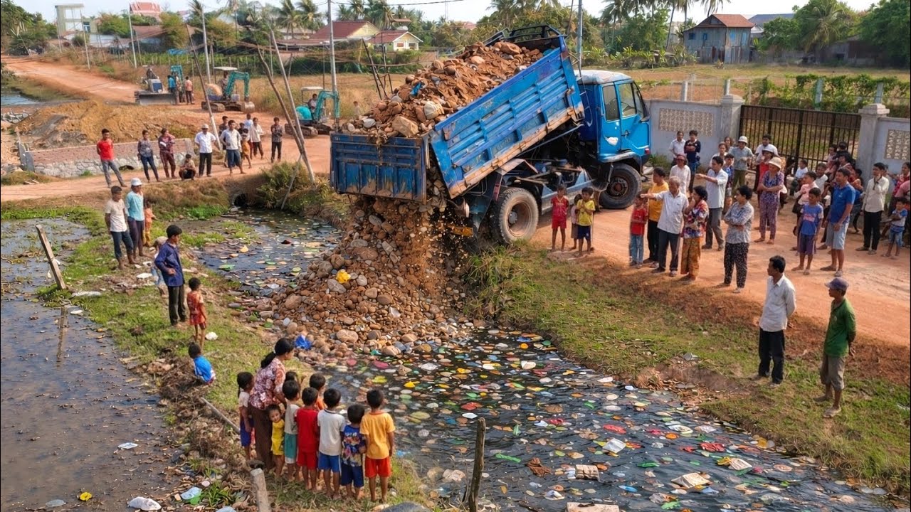 COMPLETE100% In The Flooded Village & Clear Garbage, Trash by Bulldozer Push, Dump Truck Unloading S