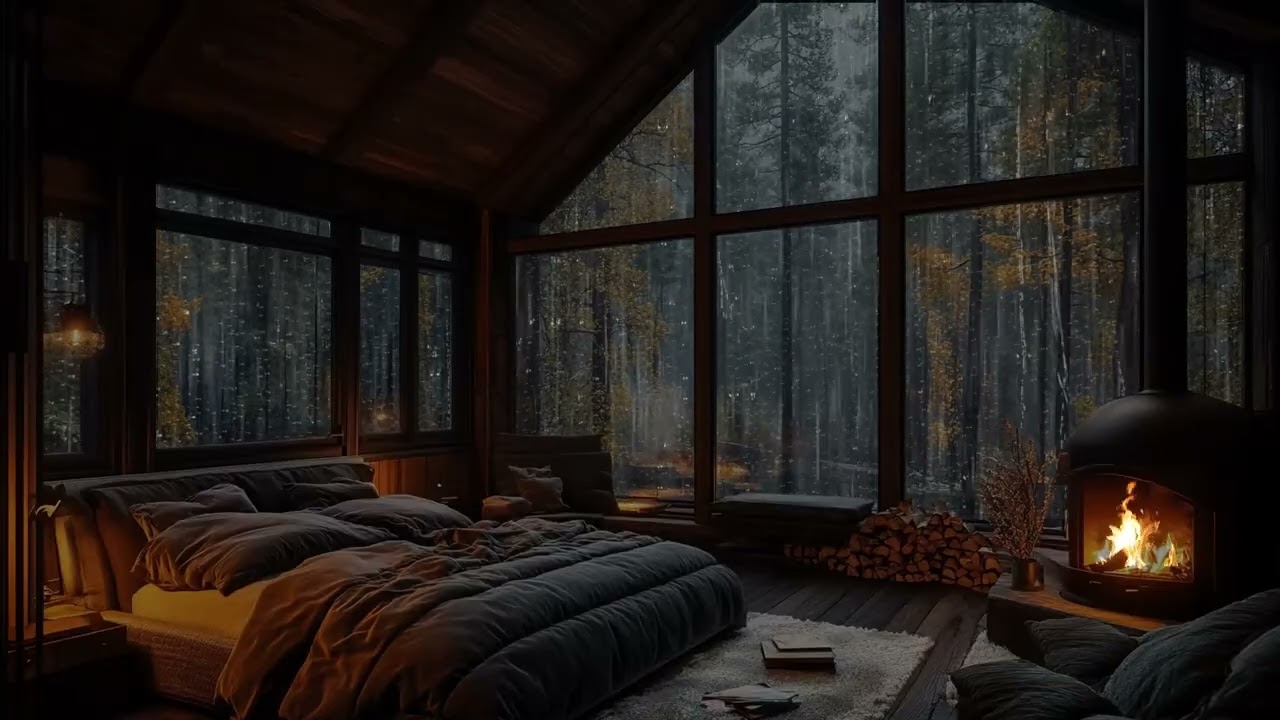 Gentle Rain with Crackling Fire in a Warm Woodland Room Ambience | Relax Focus Study Sleep