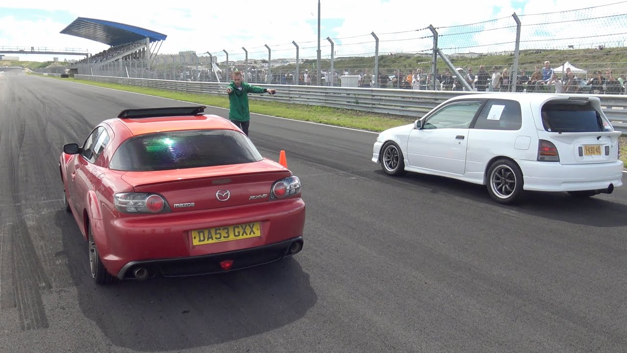 Mazda RX-8 ROTARY Drag Race VS. Glanza Turbo, WRX STI, EVO VIII! + Revs, Flames, Accelerations!