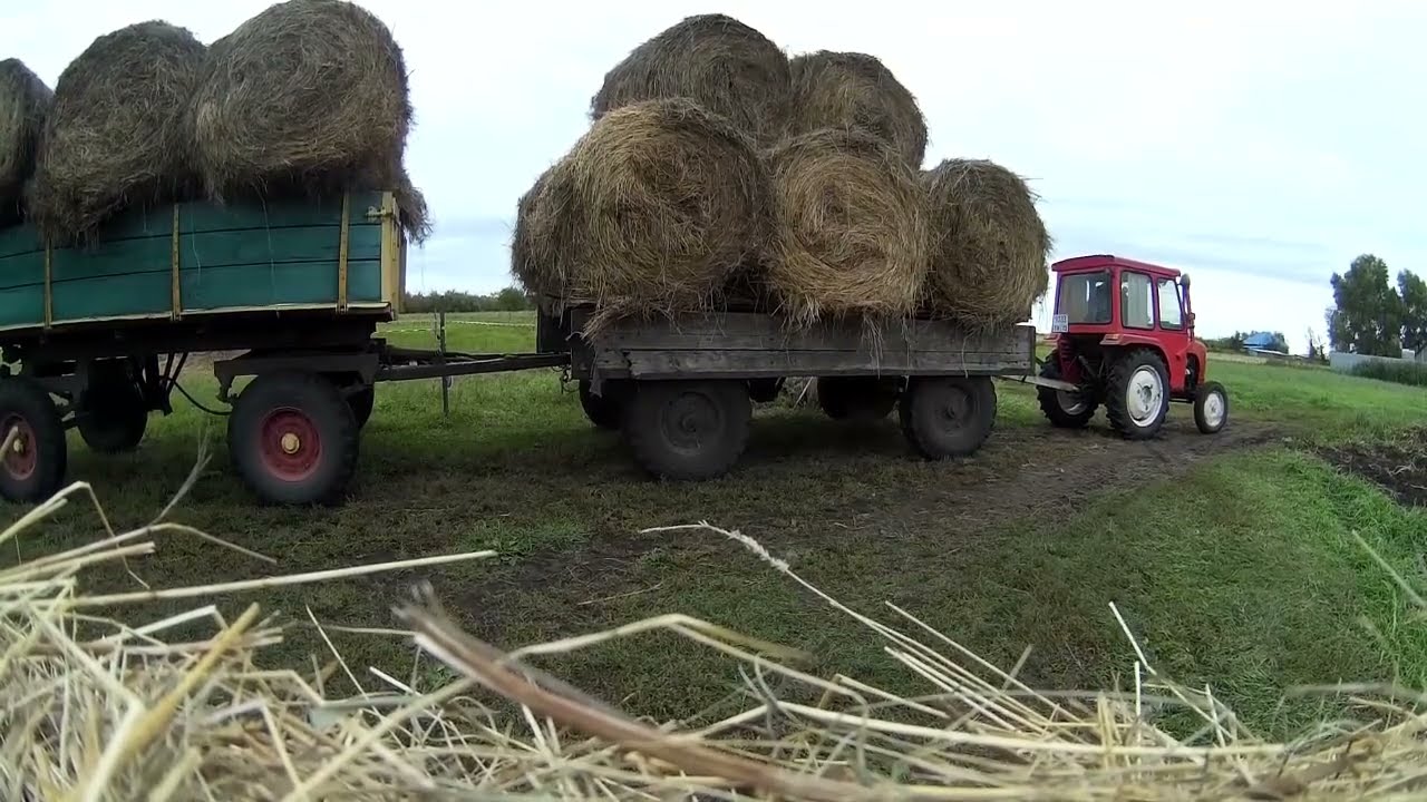 Как поедет китайский минитрактор с двумя прицепами сена? Переставляю два 2ПТС-4 под погрузку рулонов