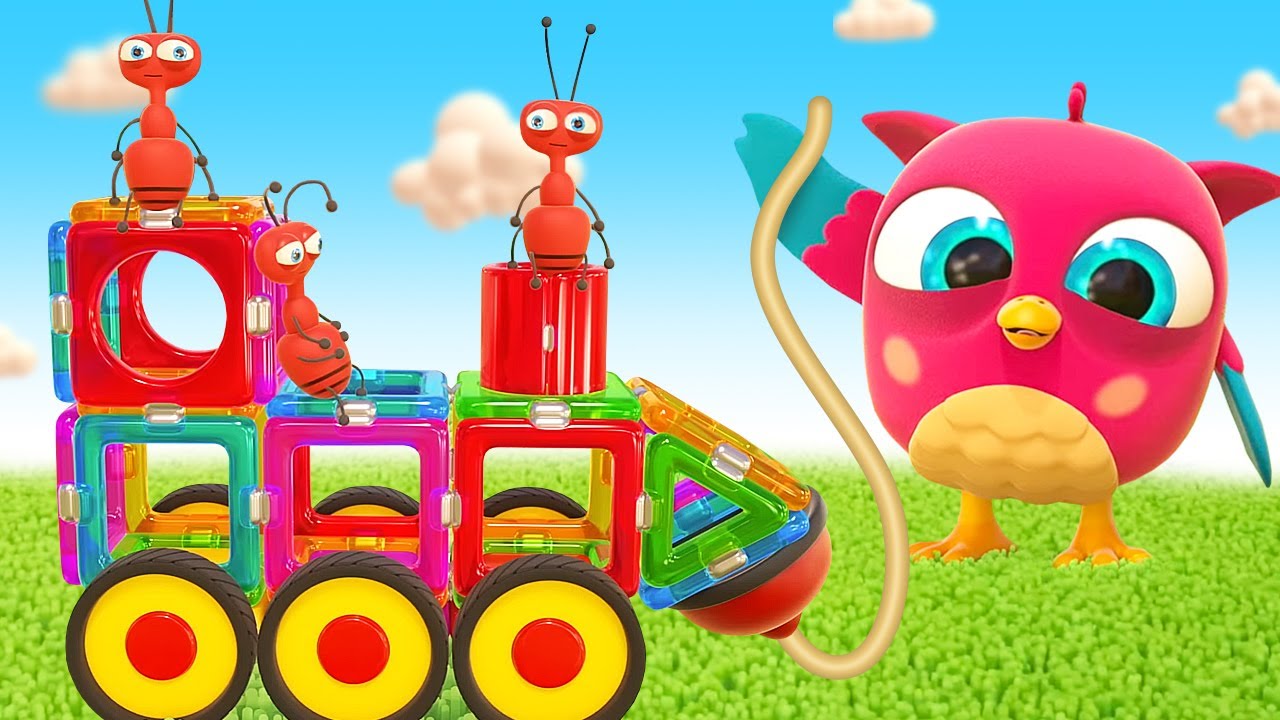 Hop Hop is building a toy tractor and a toy train from a magnetic puzzle with Peck Peck.