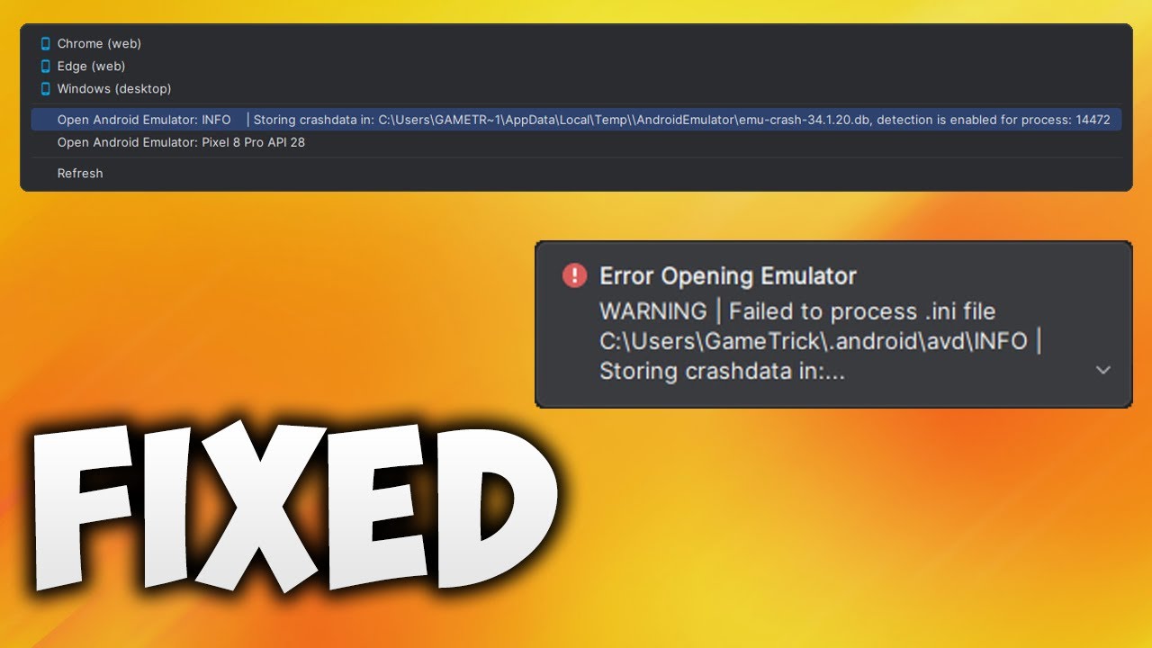 Fix Storing Crashdata in Detection is Enabled for Process - Error Opening Emulator in Android Studio