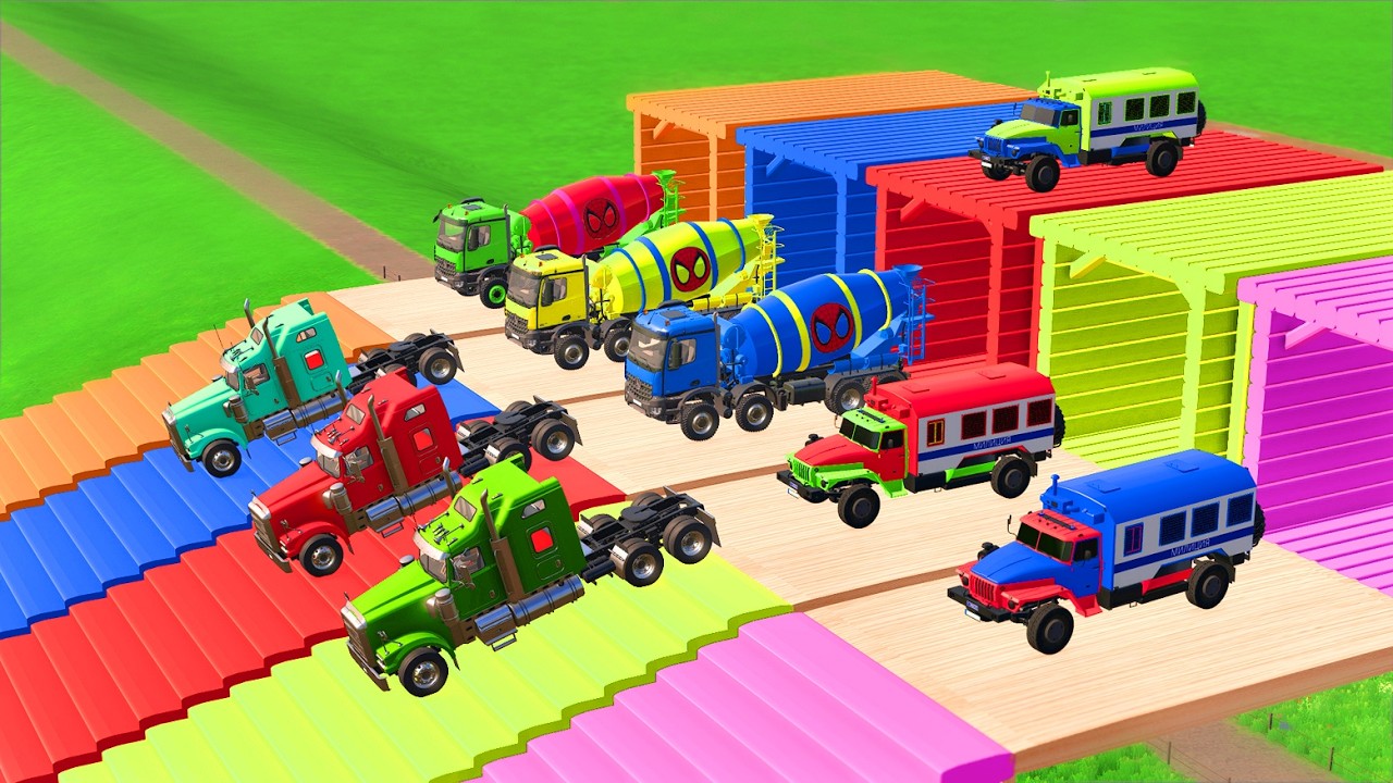 TRANSPORTING POLICE CARS, AMBULANCE, FIRE TRUCK, COLORFUL CARS WITH TRAIN -FARMING SIMULATOR 22!