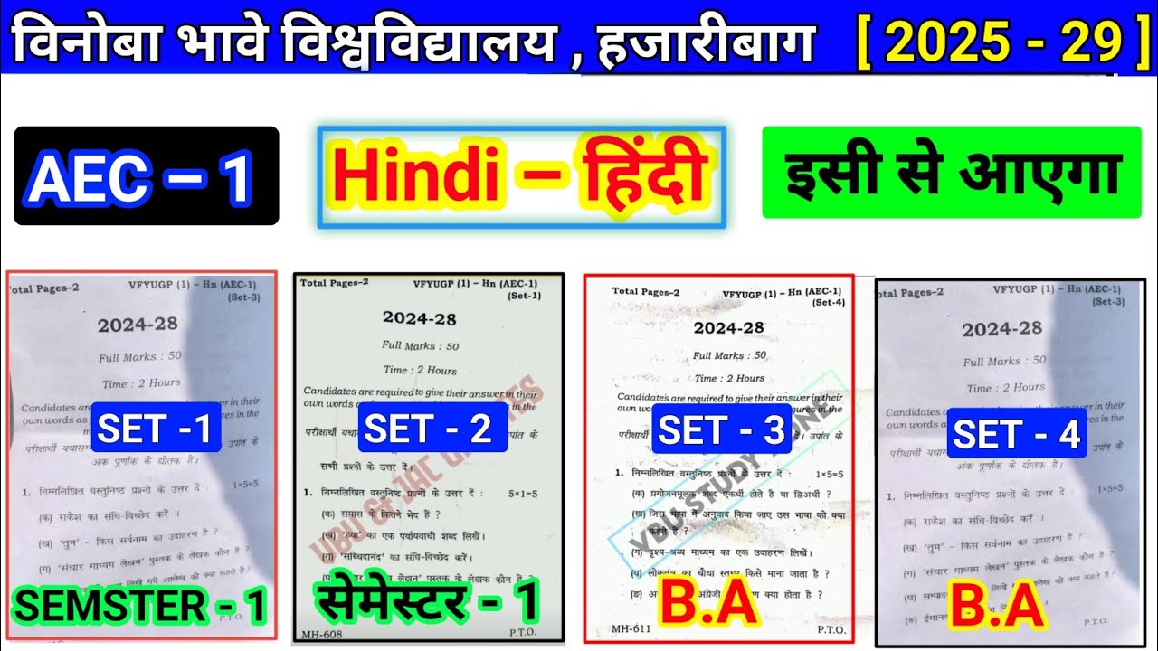 Vbu sem 1 AEC hindi important questions| semester 1 aec hindi previous year question paper 2024 28