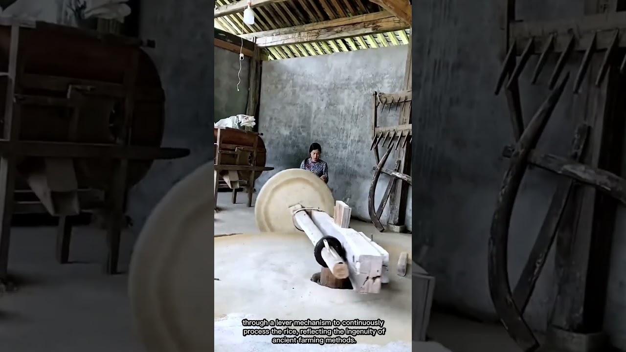 Traditional Water-Powered Stone Mill Grinding Rice