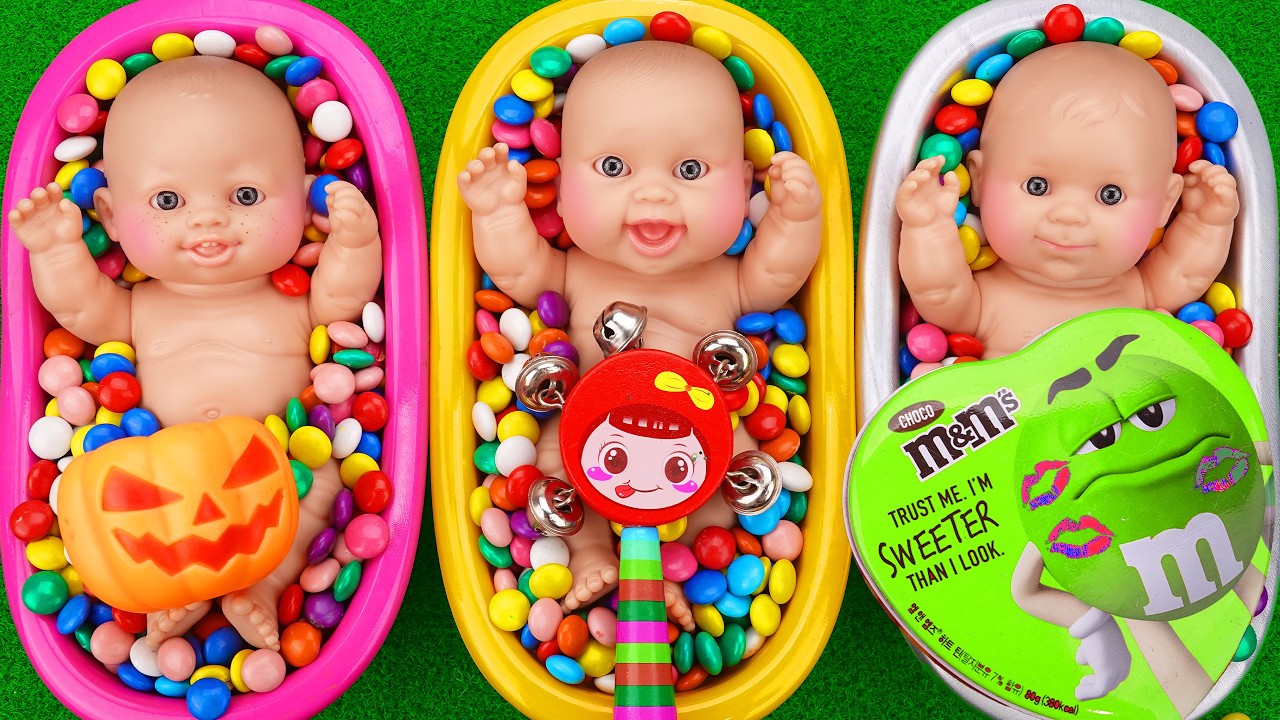 9 Minutes Satisfying with Full of 3 Rainbow BathTubs Candy with M&M's & Magic Slime Cutting Video 1